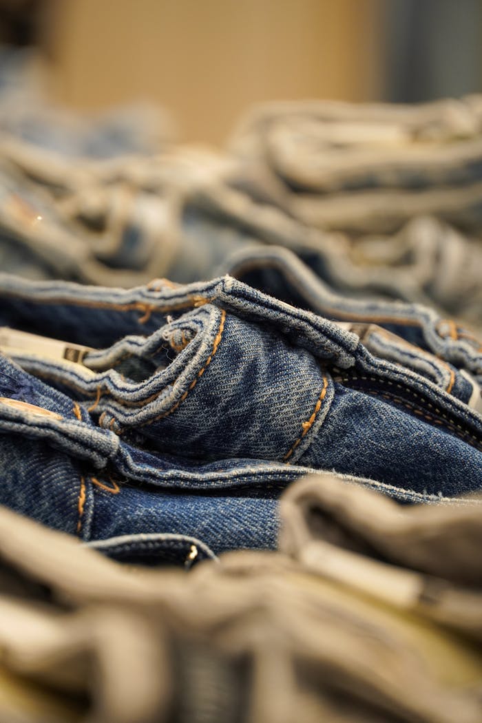 A detailed close-up view of neatly folded denim jeans stacked together, showing texture and stitching.